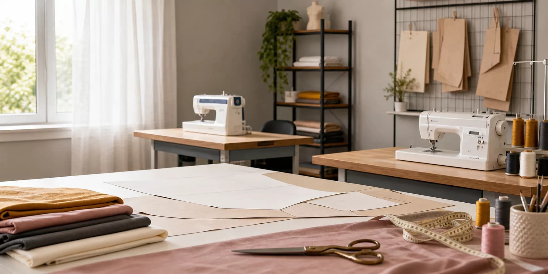 Sala de costura com máquinas, mesa de corte, moldes, tesoura, tecidos e linhas